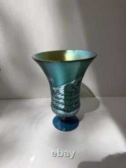 Steven Lundberg Studio Iridescent Teal Blue Hand Blown Footed Art Glass Vase