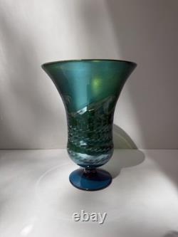 Steven Lundberg Studio Iridescent Teal Blue Hand Blown Footed Art Glass Vase