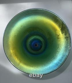 Steven Lundberg Studio Iridescent Teal Blue Hand Blown Footed Art Glass Vase