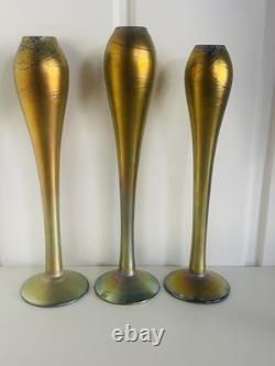 Steven Maslach Art Glass Vases Iridescent Cobalt Handblown Signed EUC Set Of 3