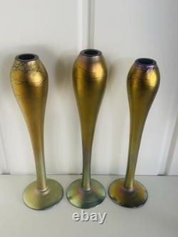 Steven Maslach Art Glass Vases Iridescent Cobalt Handblown Signed EUC Set Of 3