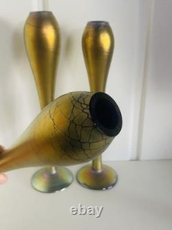 Steven Maslach Art Glass Vases Iridescent Cobalt Handblown Signed EUC Set Of 3