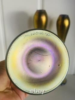 Steven Maslach Art Glass Vases Iridescent Cobalt Handblown Signed EUC Set Of 3