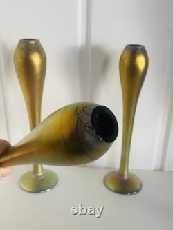 Steven Maslach Art Glass Vases Iridescent Cobalt Handblown Signed EUC Set Of 3