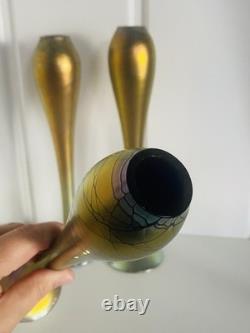 Steven Maslach Art Glass Vases Iridescent Cobalt Handblown Signed EUC Set Of 3