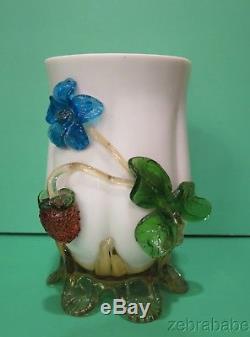 Stevens & Williams White Vase Strawberry Blue Green Flowers Leaves