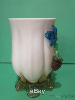 Stevens & Williams White Vase Strawberry Blue Green Flowers Leaves