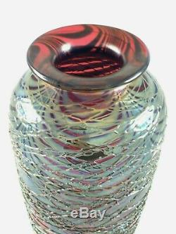 Stuart Ableman Glass Art Signed Dated iridescent Chrome Web Style Vase 111/2