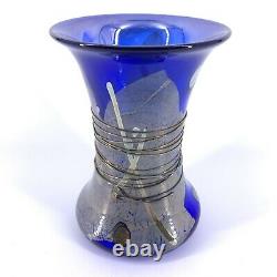 Studio Art Glass Cobalt Blue Swirled Silver Threaded Vase Signed BT 7