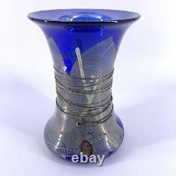 Studio Art Glass Cobalt Blue Swirled Silver Threaded Vase Signed BT 7