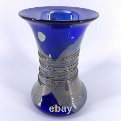 Studio Art Glass Cobalt Blue Swirled Silver Threaded Vase Signed BT 7