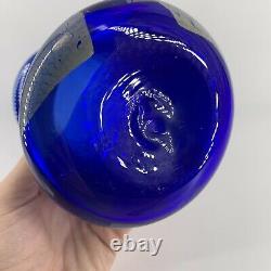 Studio Art Glass Cobalt Blue Swirled Silver Threaded Vase Signed BT 7