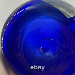 Studio Art Glass Cobalt Blue Swirled Silver Threaded Vase Signed BT 7