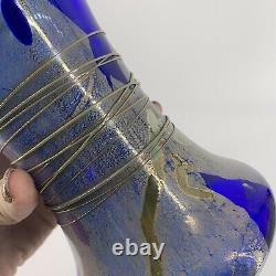 Studio Art Glass Cobalt Blue Swirled Silver Threaded Vase Signed BT 7