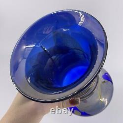 Studio Art Glass Cobalt Blue Swirled Silver Threaded Vase Signed BT 7