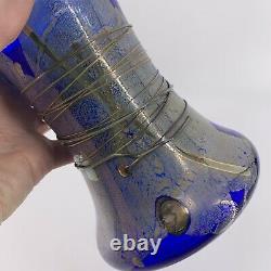 Studio Art Glass Cobalt Blue Swirled Silver Threaded Vase Signed BT 7