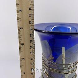 Studio Art Glass Cobalt Blue Swirled Silver Threaded Vase Signed BT 7