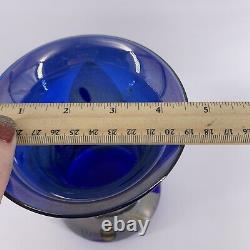 Studio Art Glass Cobalt Blue Swirled Silver Threaded Vase Signed BT 7