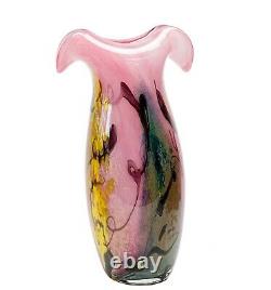 Studio Art Glass Vase Pink Yellow & Blue Thick Glass