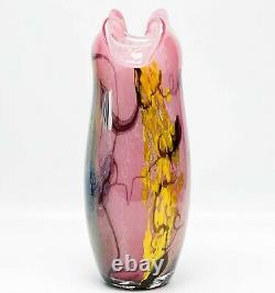 Studio Art Glass Vase Pink Yellow & Blue Thick Glass