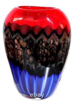 Studio Art Glass Vase Red Blue Black Bronze Late 20th Century 14in 13lbs