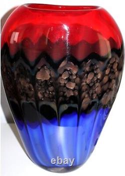 Studio Art Glass Vase Red Blue Black Bronze Late 20th Century 14in 13lbs