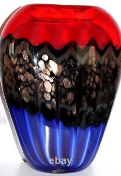 Studio Art Glass Vase Red Blue Black Bronze Late 20th Century 14in 13lbs