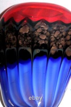 Studio Art Glass Vase Red Blue Black Bronze Late 20th Century 14in 13lbs