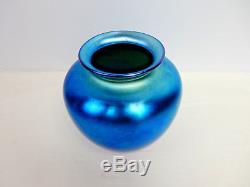 Stueben Glass Vase Blue Aurene Vintage Iridescent Signed Etched Vase