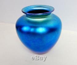 Stueben Glass Vase Blue Aurene Vintage Iridescent Signed Etched Vase