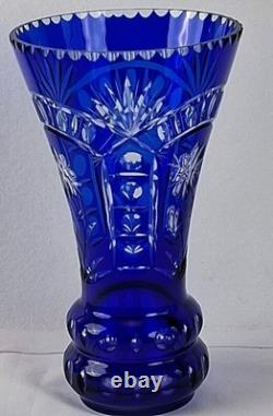 Stunning Cobalt Blue Crystal Cut to Clear Heavy Glass Vase 12 Tall