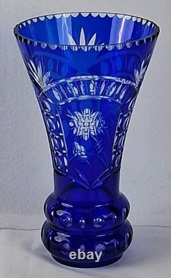 Stunning Cobalt Blue Crystal Cut to Clear Heavy Glass Vase 12 Tall