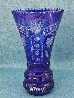 Stunning Cobalt Blue Crystal Cut to Clear Heavy Glass Vase 12 Tall