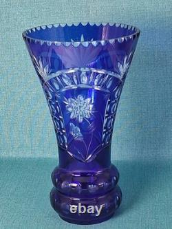 Stunning Cobalt Blue Crystal Cut to Clear Heavy Glass Vase 12 Tall