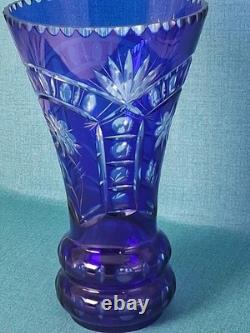 Stunning Cobalt Blue Crystal Cut to Clear Heavy Glass Vase 12 Tall