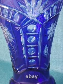 Stunning Cobalt Blue Crystal Cut to Clear Heavy Glass Vase 12 Tall