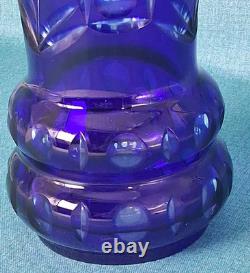 Stunning Cobalt Blue Crystal Cut to Clear Heavy Glass Vase 12 Tall