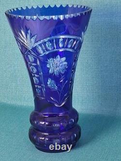 Stunning Cobalt Blue Crystal Cut to Clear Heavy Glass Vase 12 Tall