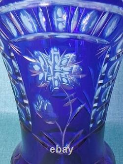 Stunning Cobalt Blue Crystal Cut to Clear Heavy Glass Vase 12 Tall