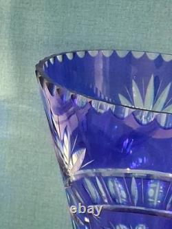 Stunning Cobalt Blue Crystal Cut to Clear Heavy Glass Vase 12 Tall