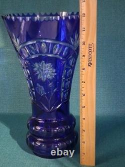 Stunning Cobalt Blue Crystal Cut to Clear Heavy Glass Vase 12 Tall
