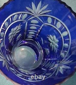Stunning Cobalt Blue Crystal Cut to Clear Heavy Glass Vase 12 Tall