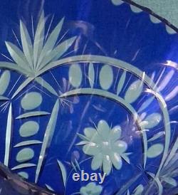Stunning Cobalt Blue Crystal Cut to Clear Heavy Glass Vase 12 Tall
