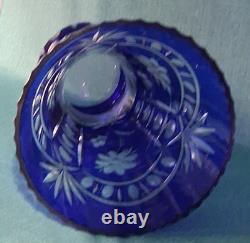 Stunning Cobalt Blue Crystal Cut to Clear Heavy Glass Vase 12 Tall