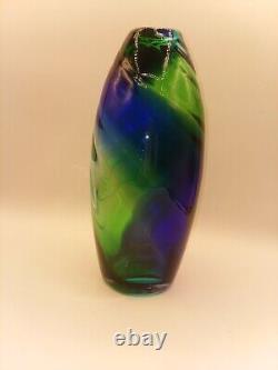 Stunning Contemporary Hand Blown Art Glass Blue Green Swirl Tall Vase