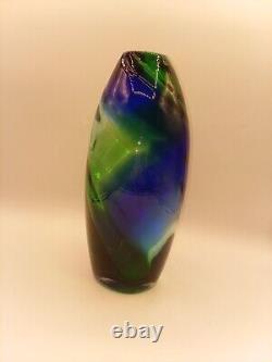 Stunning Contemporary Hand Blown Art Glass Blue Green Swirl Tall Vase