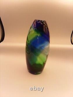 Stunning Contemporary Hand Blown Art Glass Blue Green Swirl Tall Vase