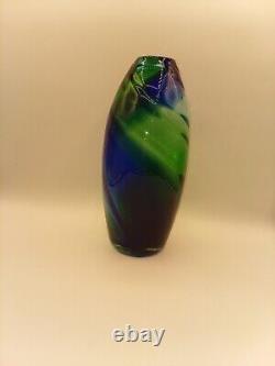 Stunning Contemporary Hand Blown Art Glass Blue Green Swirl Tall Vase