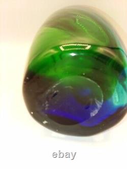 Stunning Contemporary Hand Blown Art Glass Blue Green Swirl Tall Vase