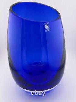 Stunning Magnor of Norway Cobalt Blue hand blown Art glass Vase 9 slanted top